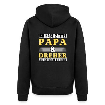 Ich habe 2 Titel Papa und Dreher - Unisex Premium Bio Zip Hoodie - Schwarz - Hinten - Nico (187cm)