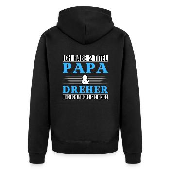 Ich habe 2 Titel Papa und Dreher - Unisex Premium Bio Zip Hoodie - Schwarz - Hinten - Nico (187cm)