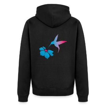 Kolibri und Blüte - Verbindung und Leichtigkeit - Unisex Premium Bio Zip Hoodie - Schwarz - Hinten - Nico (187cm)