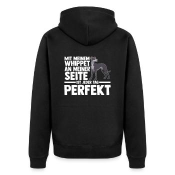 Hund Whippet - Unisex Premium Bio Zip Hoodie - Schwarz - Hinten - Nico (187cm)