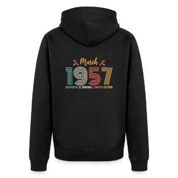 März 1957 Geburtstag März 1957 Retro - Unisex Premium Bio Zip Hoodie - Schwarz - Hinten - Nico (187cm)