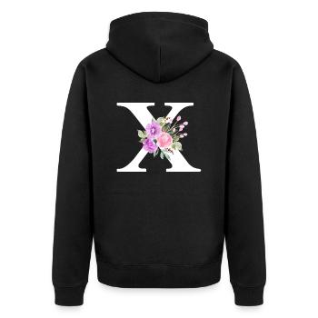 Lila floral x Buchstabe - Unisex Premium Bio Zip Hoodie - Schwarz - Hinten - Nico (187cm)