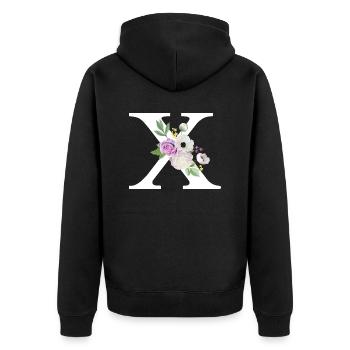 Lila floral x Buchstabe - Unisex Premium Bio Zip Hoodie - Schwarz - Hinten - Nico (187cm)