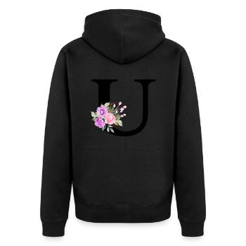 Lila Blumenbuchstabe u - Unisex Premium Bio Zip Hoodie - Schwarz - Hinten - Nico (187cm)