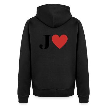 Buchstabe j rotes Herz - Unisex Premium Bio Zip Hoodie - Schwarz - Hinten - Nico (187cm)