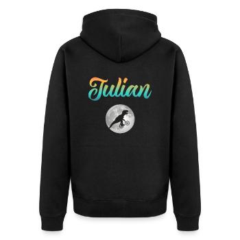 JULIAN - Schöner Jungen Name mit Dinosaurier - Unisex Premium Bio Zip Hoodie - Schwarz - Hinten - Nico (187cm)