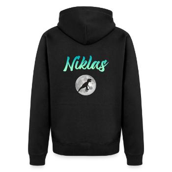 NIKLAS - Schöner Jungen Name mit Dinosaurier - Unisex Premium Bio Zip Hoodie - Schwarz - Hinten - Nico (187cm)