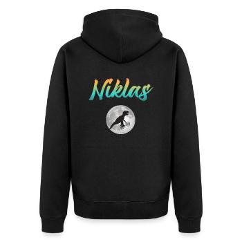 NIKLAS - Schöner Jungen Name mit Dinosaurier - Unisex Premium Bio Zip Hoodie - Schwarz - Hinten - Nico (187cm)
