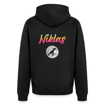 NIKLAS - Beautiful boy name with dinosaur - Unisex Premium Organic Zip Hoodie - black - Back - Nico (187cm)