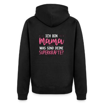Meine Superkraft? Mama - Unisex Premium Bio Zip Hoodie - Schwarz - Hinten - Nico (187cm)