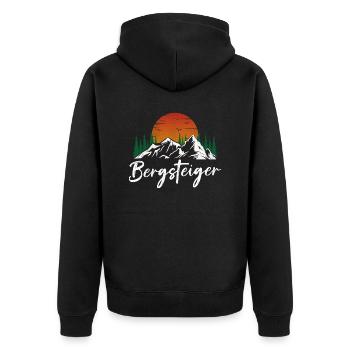 Bergsteiger Design Berg mit Sonne und Wald - Unisex Premium Bio Zip Hoodie - Schwarz - Hinten - Nico (187cm)