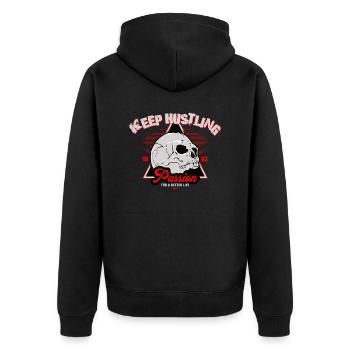 Keep Hustling - Passion - For a better Life - Unisex Premium Bio Zip Hoodie - Schwarz - Hinten - Nico (187cm)