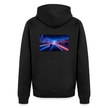 Neon Pulse: Ein futuristisches Auto auf der Autoba - Unisex Premium Bio Zip Hoodie - Schwarz - Hinten - Nico (187cm)