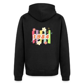 1984 Retro Blumen und Streifen - Unisex Premium Bio Zip Hoodie - Schwarz - Hinten - Nico (187cm)