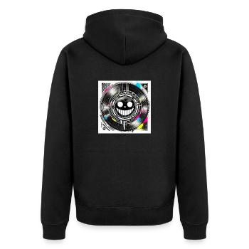 "Cyberpunk Smile Minimalistisch mit Vinyl-Effekt" - Unisex Premium Bio Zip Hoodie - Schwarz - Hinten - Nico (187cm)