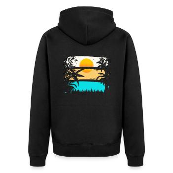 SUNDOWN - PALM TREES, SUN - Unisex Premium Bio Zip Hoodie - Schwarz - Hinten - Nico (187cm)