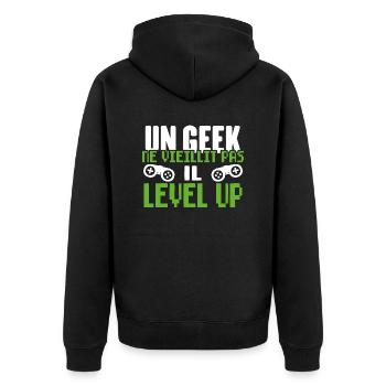 Un Geek Ne Vieillit Pas Il Level Up - Veste à capuche bio Premium Unisexe - noir - Dos - Nico (187cm)