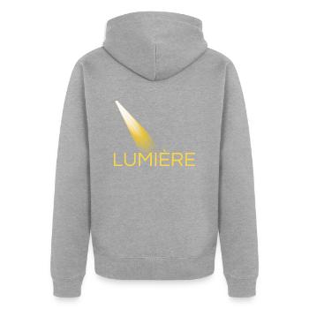 lumière jaune - Veste à capuche bio Premium Unisexe - gris chiné - Dos - Nico (187cm)