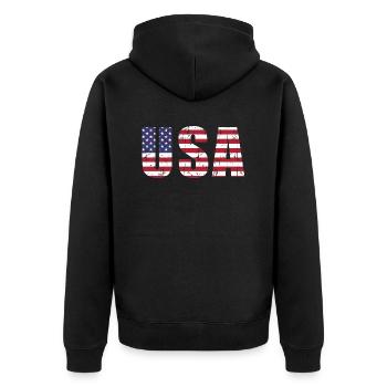 usa flag font vintage - Unisex Premium Organic Zip Hoodie - black - Back - Nico (187cm)