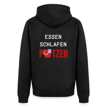 ESSEN SCHLAFEN PUTZEN - Unisex Premium Bio Zip Hoodie - Schwarz - Hinten - Nico (187cm)