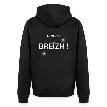 Geschenk für Männer, bretonischer Humor, humorvolles T-Shirt - Unisex Premium Bio Zip Hoodie - Schwarz - Hinten - Nico (187cm)