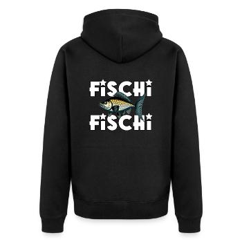 Fischi Fischi mit Fisch - Unisex Premium Bio Zip Hoodie - Schwarz - Hinten - Nico (187cm)