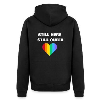 IMMER NOCH HIER IMMER NOCH QUEER - Unisex Premium Bio Zip Hoodie - Schwarz - Hinten - Nico (187cm)