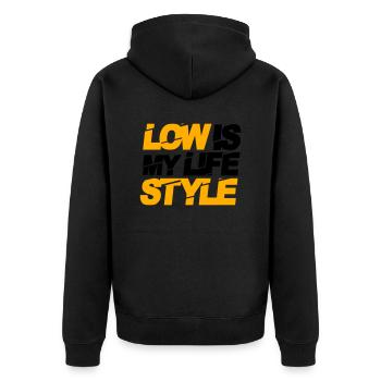 low is my lifestyle - Unisex Premium Bio Zip Hoodie - Schwarz - Hinten - Nico (187cm)