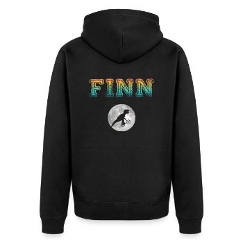 FINN - Schöner Jungen Name mit Dinosaurier - Unisex Premium Bio Zip Hoodie - Schwarz - Hinten - Nico (187cm)