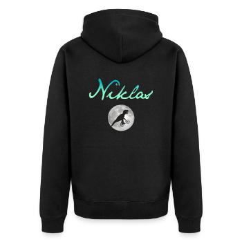 NIKLAS - Schöner Jungen Name mit Dinosaurier - Unisex Premium Bio Zip Hoodie - Schwarz - Hinten - Nico (187cm)