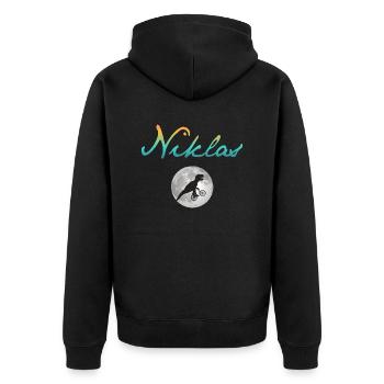 NIKLAS - Schöner Jungen Name mit Dinosaurier - Unisex Premium Bio Zip Hoodie - Schwarz - Hinten - Nico (187cm)
