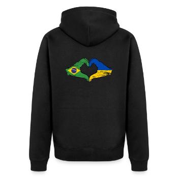 Brasilien Ukraine Flagge Haende Herzform used - Unisex Premium Bio Zip Hoodie - Schwarz - Hinten - Nico (187cm)