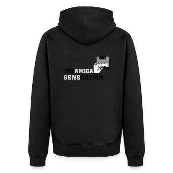 amiga_generation - Unisex Premium Bio Zip Hoodie - Schwarz - Hinten - Nico (187cm)