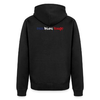 BLAU WEISS ROT TAGG - Unisex Premium Bio Zip Hoodie - Schwarz - Hinten - Nico (187cm)