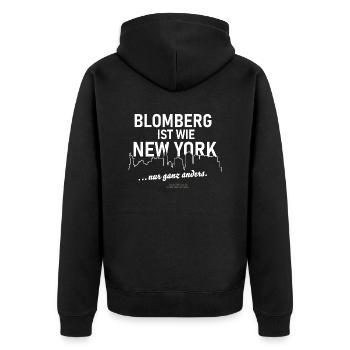 Blomberg ist wie New York - Unisex Premium Bio Zip Hoodie - Schwarz - Hinten - Nico (187cm)