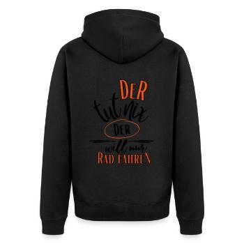 Fahrrad Spruch-Der tut nix der will nur Rad fahren - Unisex Premium Bio Zip Hoodie - Schwarz - Hinten - Nico (187cm)