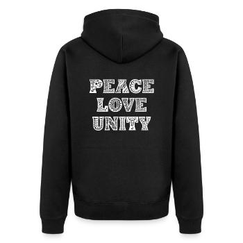 Friede Liebe Einheit - Unisex Premium Bio Zip Hoodie - Schwarz - Hinten - Nico (187cm)