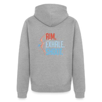 Aim Exhale Shoot. Bow & Arrows Target Archery - Unisex Premium Bio Zip Hoodie - Grau meliert - Hinten - Nico (187cm)