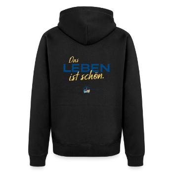 Ostseeweg LEBEN Tee 2023 Hell - Unisex Premium Bio Zip Hoodie - Schwarz - Hinten - Nico (187cm)