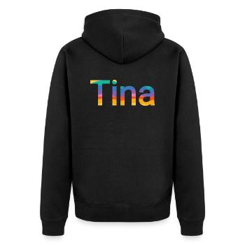 Name Tina in Regenbogen Fatbe - Unisex Premium Bio Zip Hoodie - Schwarz - Hinten - Nico (187cm)