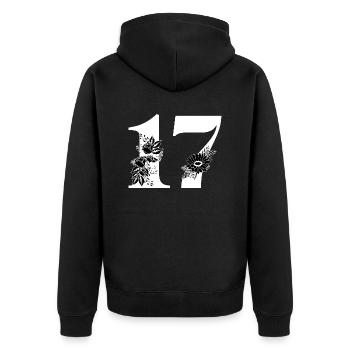 Numéro 17 floral noir -17e anniversaire floral - Veste à capuche bio Premium Unisexe - noir - Dos - Nico (187cm)
