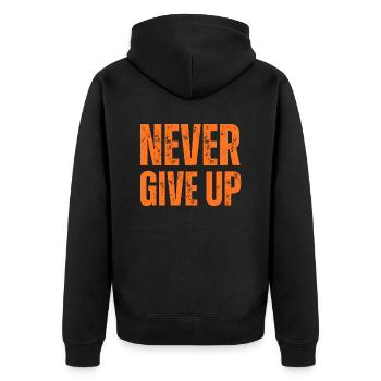NEVER GIVE UP - Unisex Premium Bio Zip Hoodie - Schwarz - Hinten - Nico (187cm)