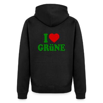 I love grüne - Unisex Premium Bio Zip Hoodie - Schwarz - Hinten - Nico (187cm)
