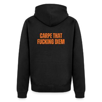 Carpe that fucking diem Genieße den nahen Moment - Unisex Premium Bio Zip Hoodie - Schwarz - Hinten - Nico (187cm)