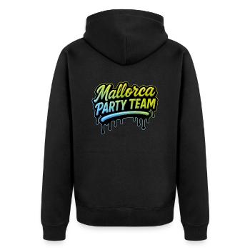 Mallorca Party Team Bunt - Unisex Premium Bio Zip Hoodie - Schwarz - Hinten - Nico (187cm)