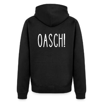 OASCH! T-Shirt auf Wienerisch / Wiener Dialekt - Unisex Premium Bio Zip Hoodie - Schwarz - Hinten - Nico (187cm)