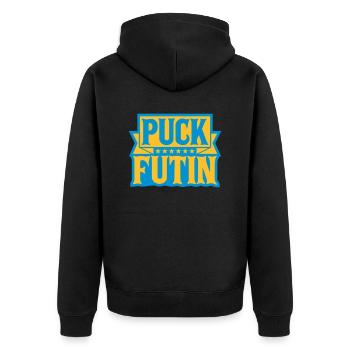 puck futin Logo Design - Unisex Premium Bio Zip Hoodie - Schwarz - Hinten - Nico (187cm)