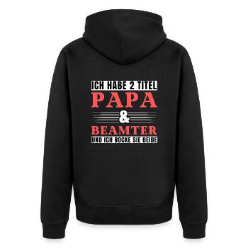 Ich habe 2 Titel Papa und Beamte - Unisex Premium Bio Zip Hoodie - Schwarz - Hinten - Nico (187cm)