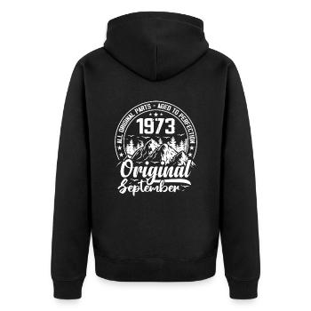 September 1973 Original: 51 Jahre Geburtstagsgeschenk - Unisex Premium Bio Zip Hoodie - Schwarz - Hinten - Nico (187cm)