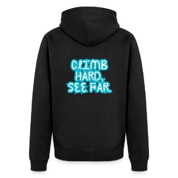 Hart klettern, weit sehen. - Unisex Premium Bio Zip Hoodie - Schwarz - Hinten - Nico (187cm)